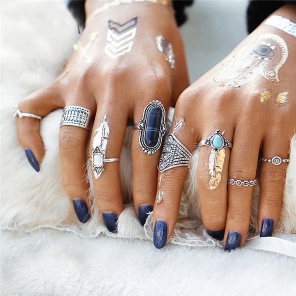 8 Set Antique Silver Gypsy Stackable Rings